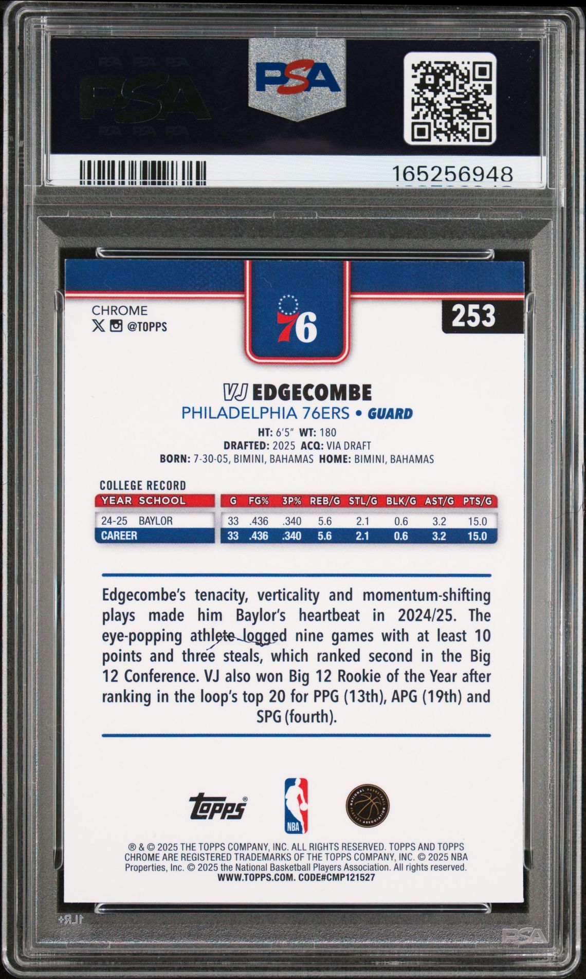 2025 Topps Chrome Vj Edgecombe #253 (Basketball Refractor) Mint 9 back