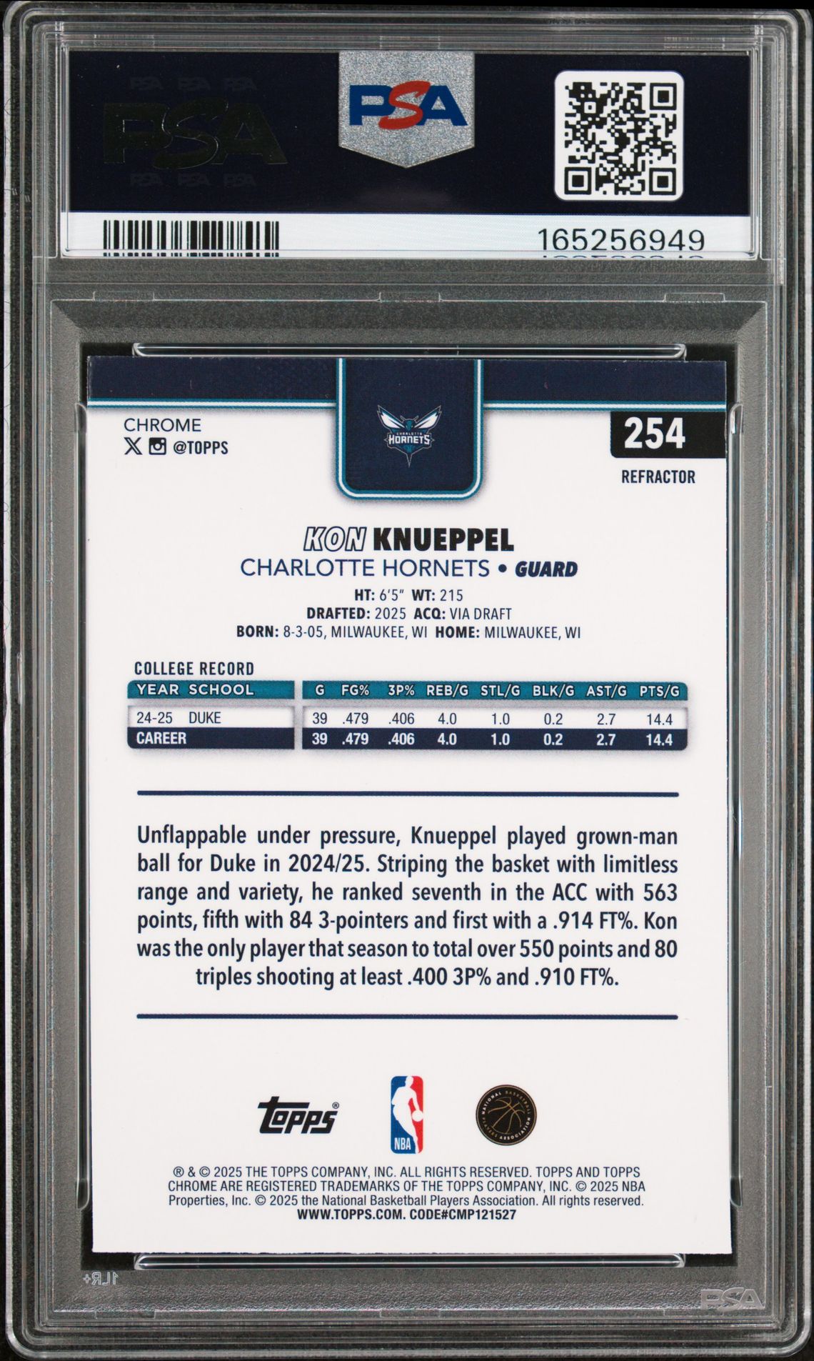 2025 Topps Chrome Kon Knueppel #254 (Refractor) Mint 9 back