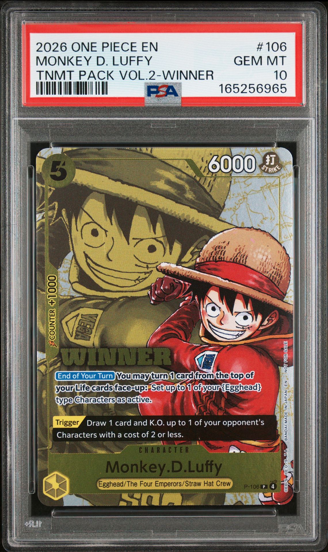 2026 One Piece Tournament Pack Vol.2 Monkey D. Luffy #106 (Tnmt Pack Vol.2-Winner) Gem Mt 10 front view - PSA graded GEM MT 10