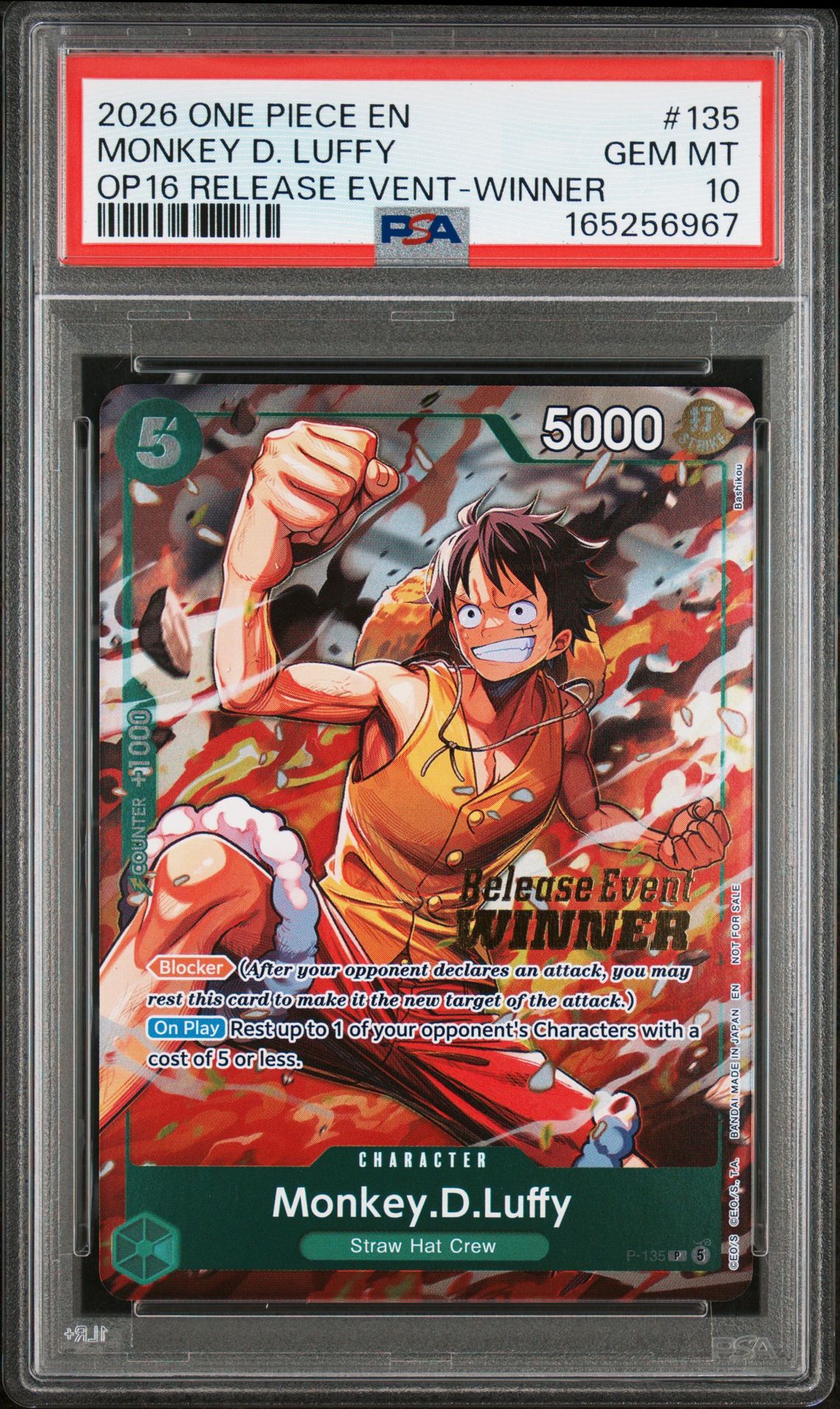 2026 One Piece Promos Monkey D. Luffy #135 (Op16 Release Event-Winner) Gem Mt 10 front view - PSA graded GEM MT 10