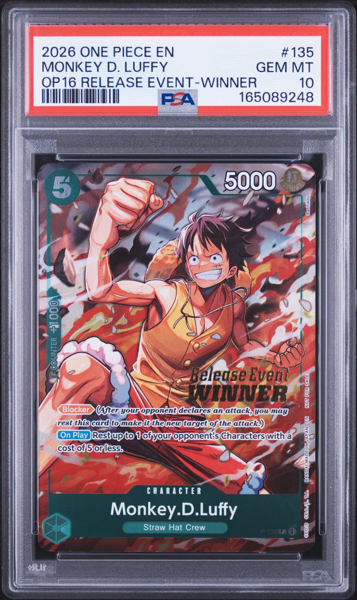 2026 One Piece Promos Monkey D. Luffy #135 (Op16 Release Event-Winner) Gem Mt 10 front view - PSA graded GEM MT 10