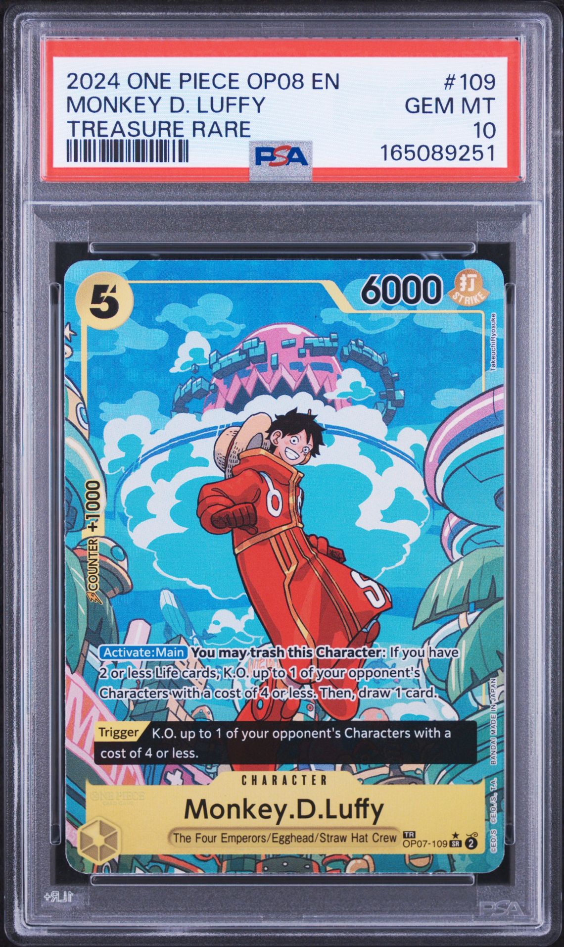2024 One Piece Op08-Two Legends Monkey D. Luffy #109 (Treasure Rare) Gem Mt 10 front view - PSA graded GEM MT 10