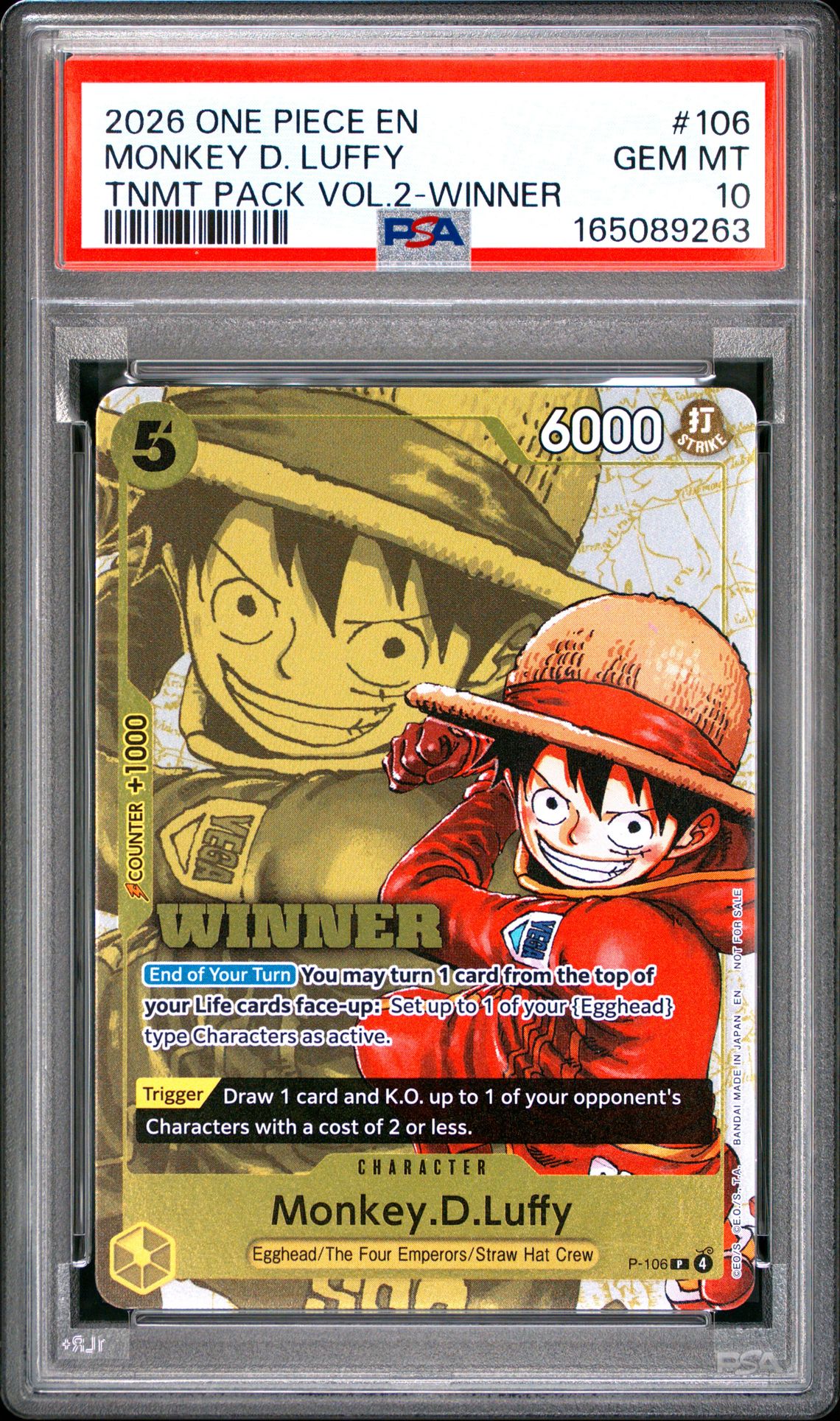 2026 One Piece Tournament Pack Vol.2 Monkey D. Luffy #106 (Tnmt Pack Vol.2-Winner) Gem Mt 10 front view - PSA graded GEM MT 10