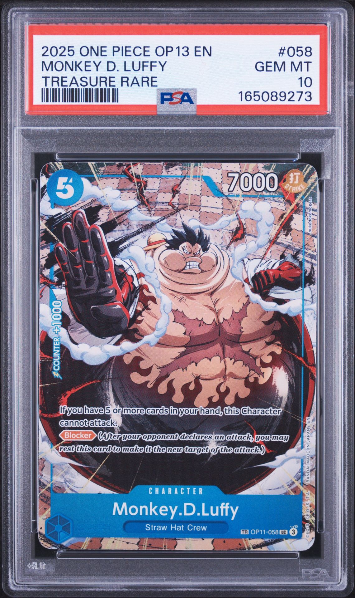 2025 One Piece Op13-Carrying On His Will Monkey D. Luffy #058 (Treasure Rare) Gem Mt 10 front view - PSA graded GEM MT 10