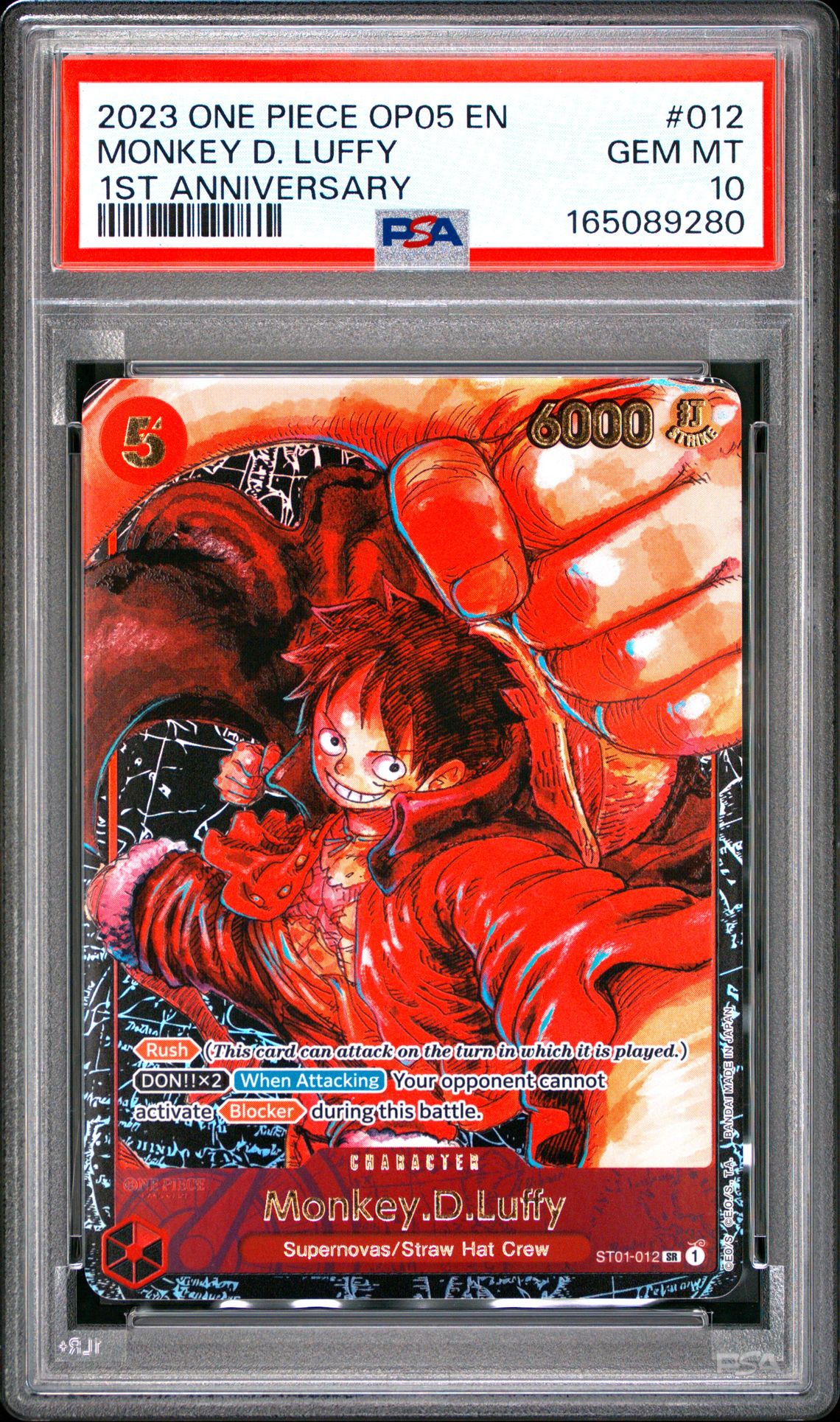 2023 One Piece Op05-Awakening Of The New Era Monkey D. Luffy #012 (1St Anniversary) Gem Mt 10 front