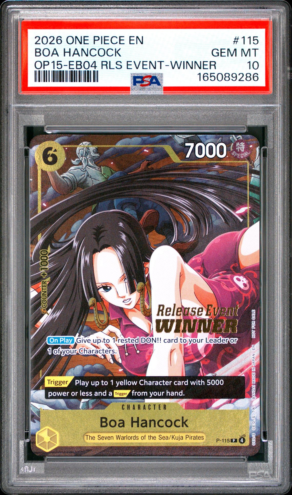 2026 One Piece Promos Boa Hancock #115 (Op15-Eb04 Rls Event-Winner) Gem Mt 10 front view - PSA graded GEM MT 10