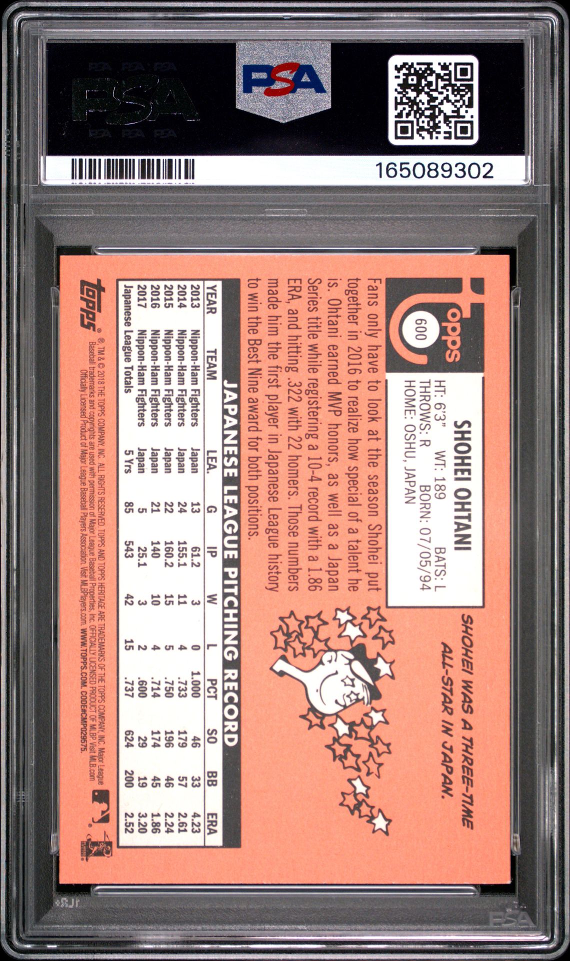 2018 Topps Heritage Shohei Ohtani #600 Mint 9 back