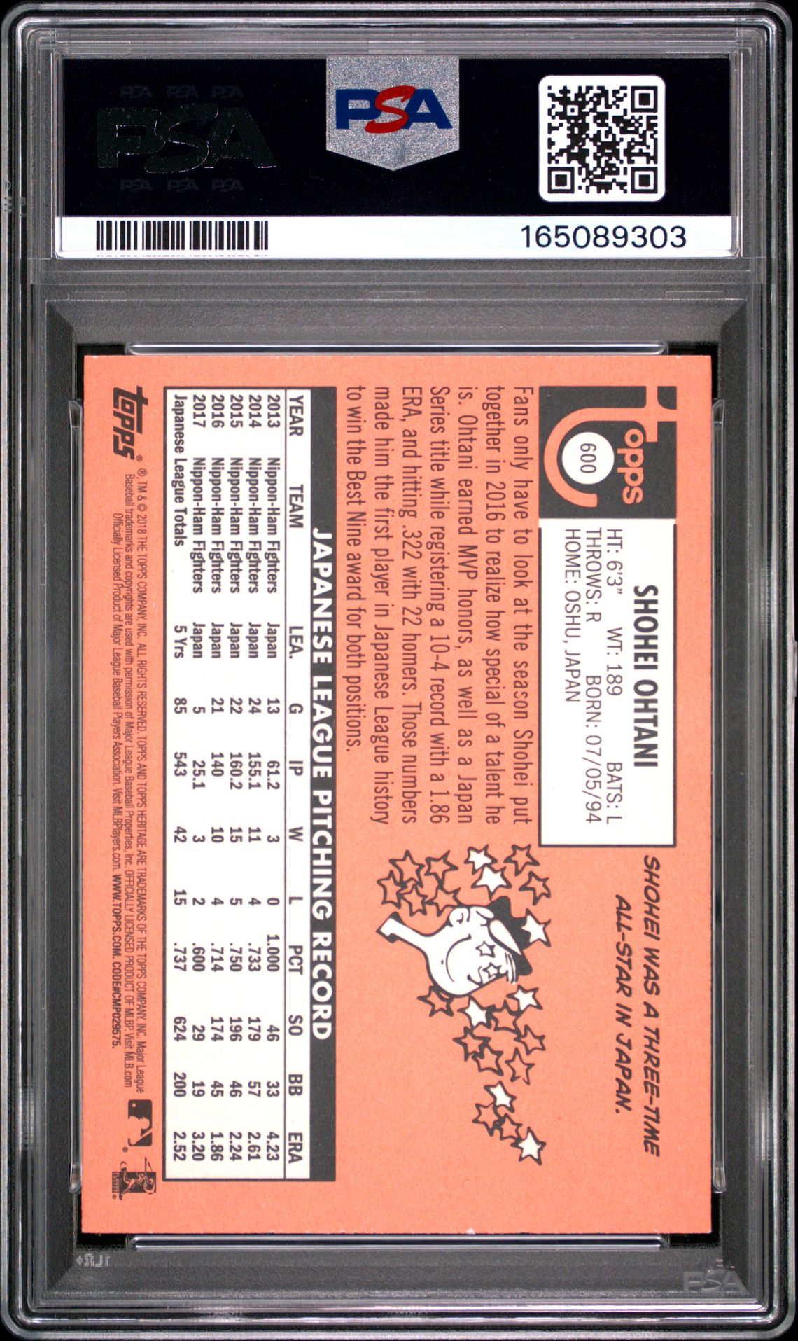 2018 Topps Heritage Shohei Ohtani #600 Mint 9 back
