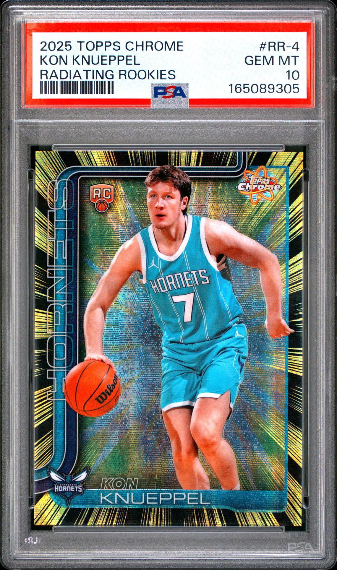 2025 Topps Chrome Radiating Rookies Kon Knueppel #Rr-4 Gem Mt 10 front view - PSA graded GEM MT 10