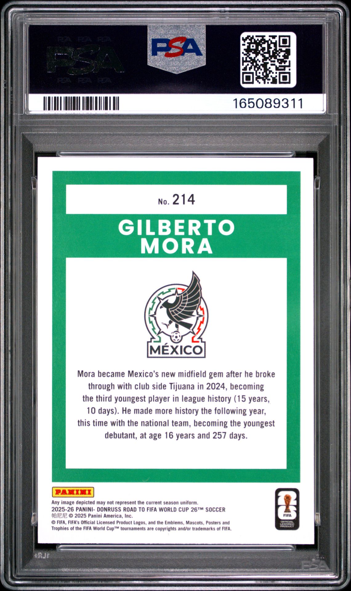 2025-2026 Panini Donruss Road To Fifa World Cup '26 Gilberto Mora #214 (Cubic) Gem Mt 10 back view - PSA certificate #165089311