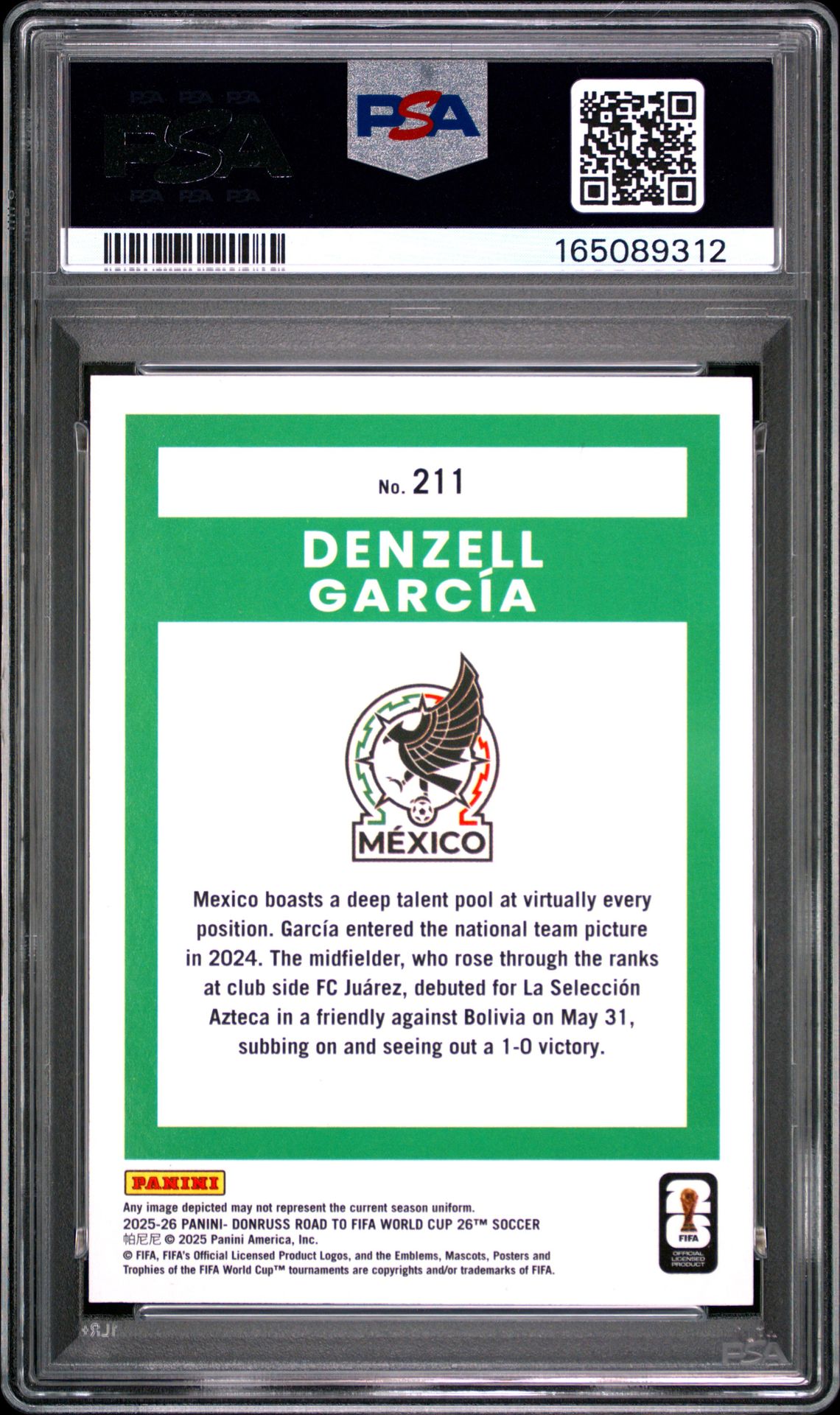 2025-2026 Panini Donruss Road To Fifa World Cup '26 Denzell Garcia #211 (Red Cubic) Gem Mt 10 back view - PSA certificate #165089312