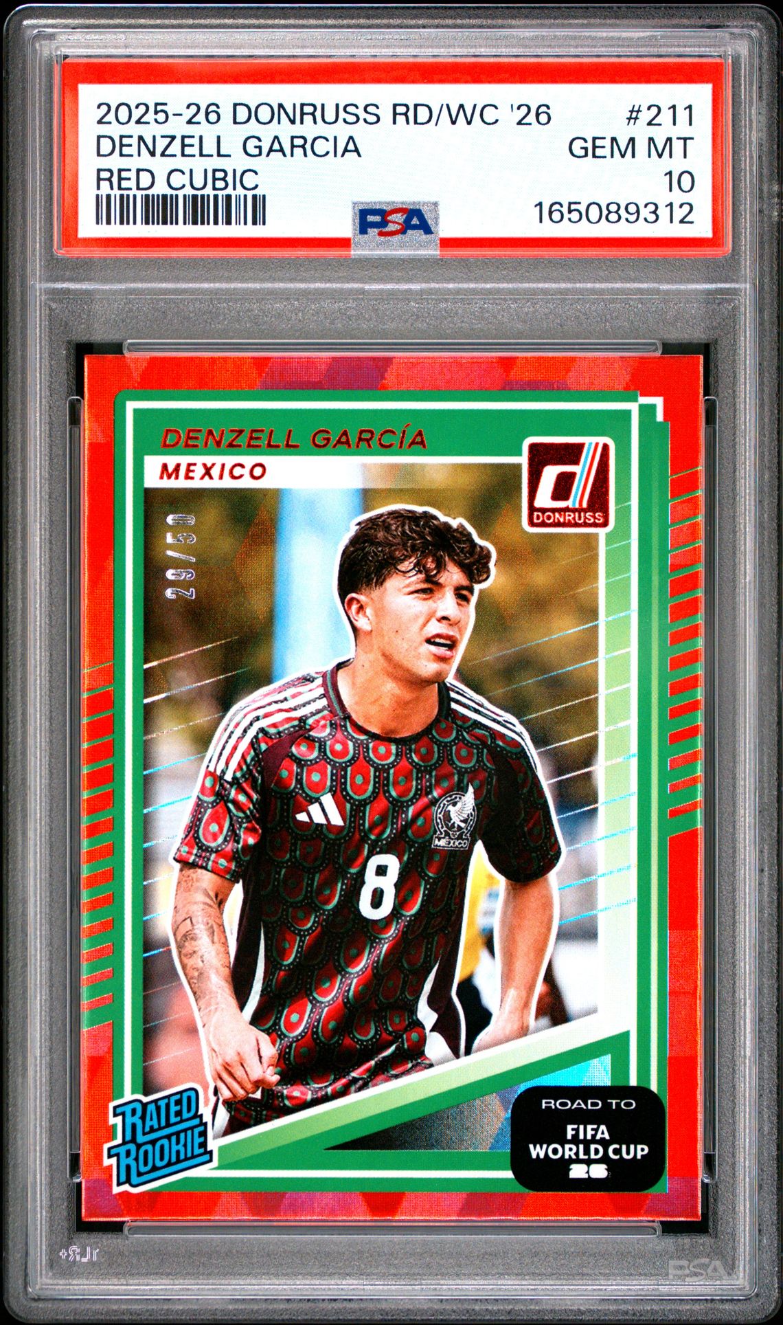 2025-2026 Panini Donruss Road To Fifa World Cup '26 Denzell Garcia #211 (Red Cubic) Gem Mt 10 front view - PSA graded GEM MT 10