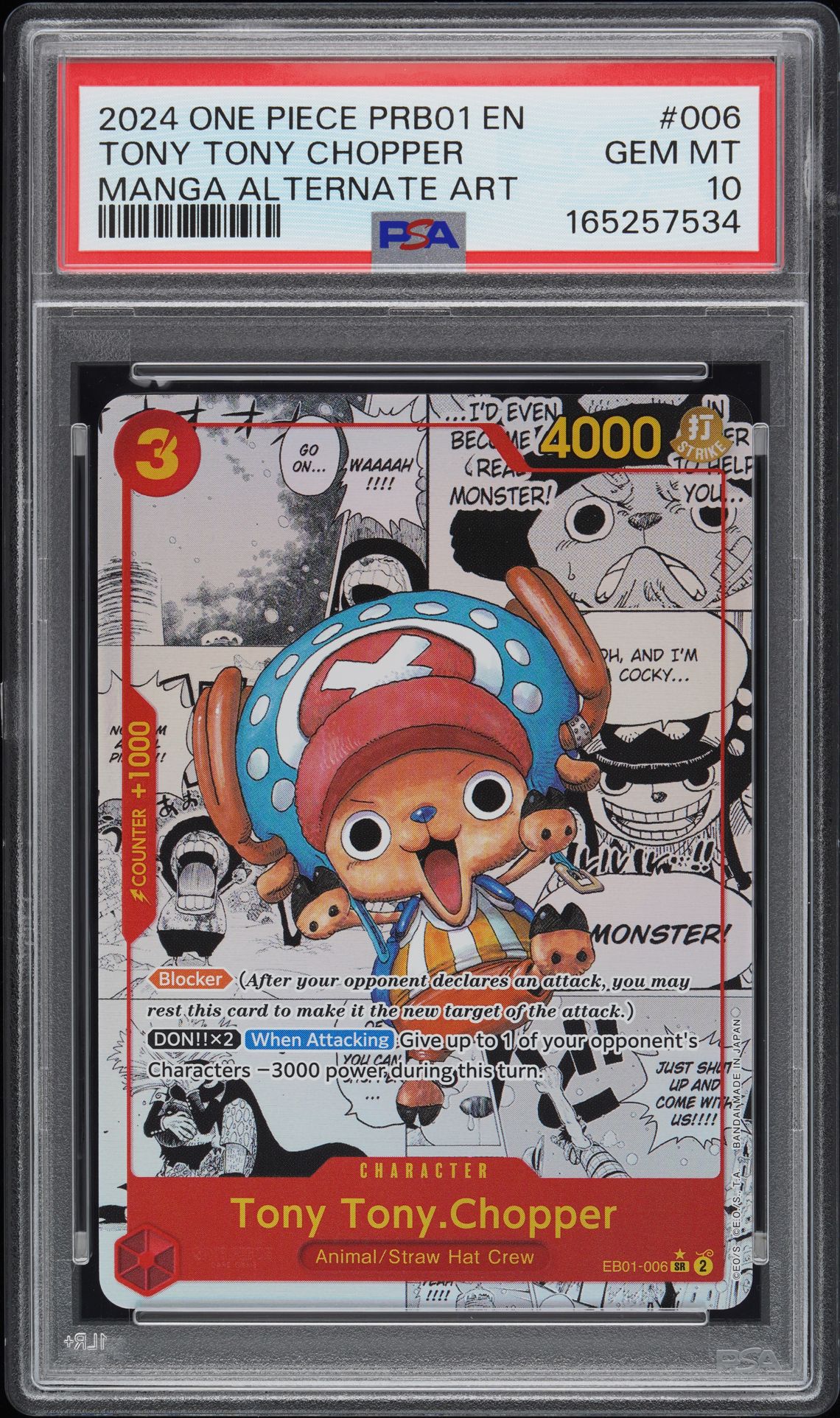 2024 One Piece Prb01-Premium Booster -One Piece Card The Best- Tony Tony Chopper #006 (Manga Alternate Art) Gem Mt 10 front view - PSA graded GEM MT 10
