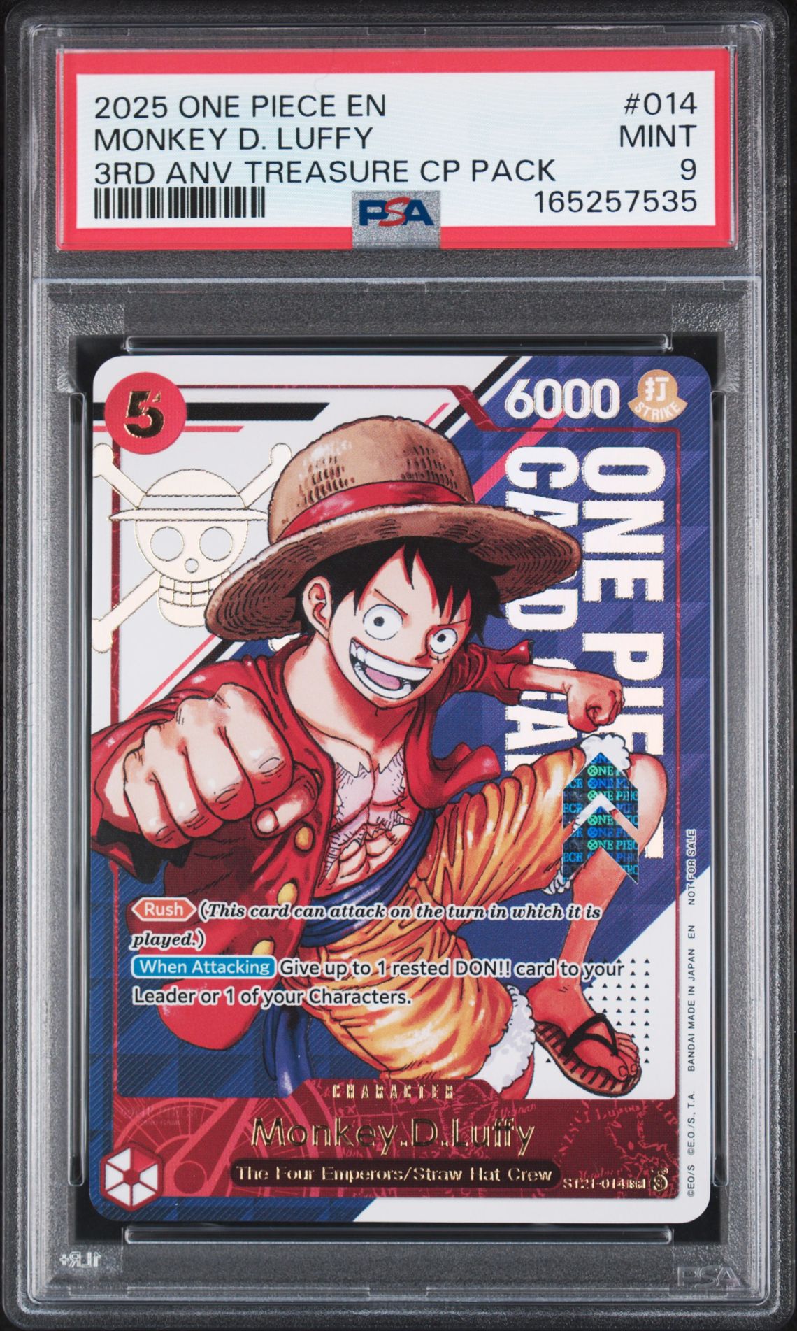 2025 One Piece 3Rd Anniversary! One Piece Card Treasure Campaign Pack Monkey D. Luffy #014 Mint 9 front