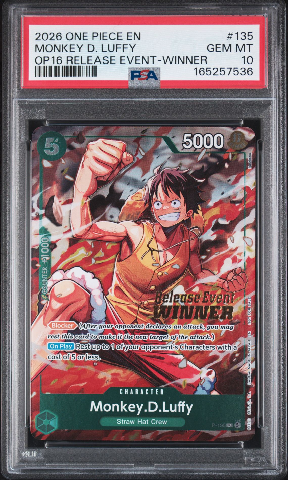 2026 One Piece Promos Monkey D. Luffy #135 (Op16 Release Event-Winner) Gem Mt 10 front view - PSA graded GEM MT 10