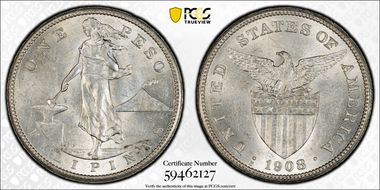 1908-S Peso KM-172  Ag AU58