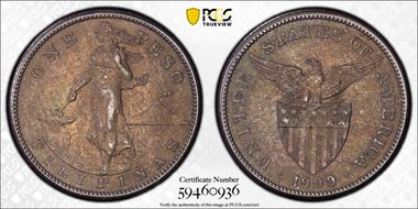 1909-S Peso KM-172  Ag AU58