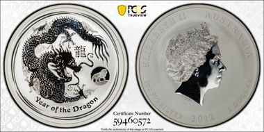 2012-P $1 Year of the Dragon Ag w/Lion Privy Mark MS69