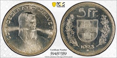 1923 B 5 Fr KM-37  Ag MS64