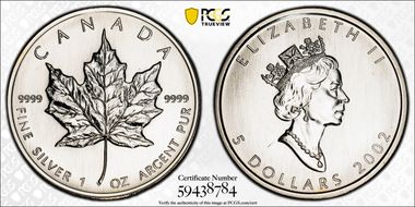 2002 $5 Maple Leaf 1oz Ag MS63