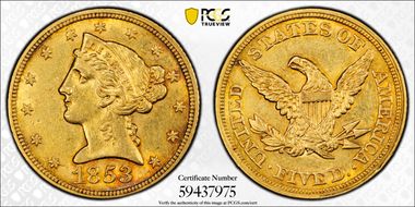 1853 $5 AU58