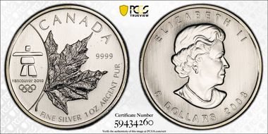 2008 $5 2010 Vancouver Olympics Maple Leaf MS67