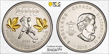 2010 $5 Vancouver Olympics - Hockey Selective Gilt MS70