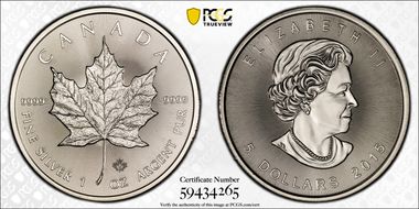 2015 $5 Maple Leaf 1oz Ag MS69