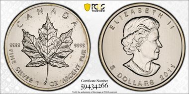 2011 $5 Maple Leaf 1oz Ag MS67