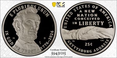 2026-S 25C Gettysburg Address Ag PR70DCAM