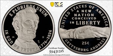 2026-S 25C Gettysburg Address Ag PR70DCAM