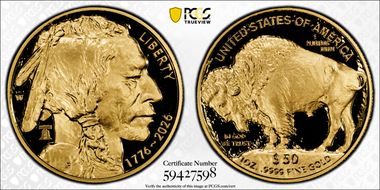 2026-W $50 American Buffalo .9999 Fine Au w/Liberty Bell 250 Privy First Strike PR70DCAM