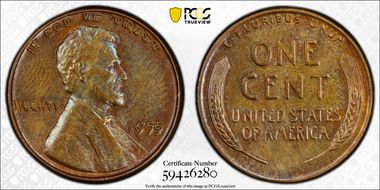 1955 1C Doubled Die Obverse, FS-101 AU55BN