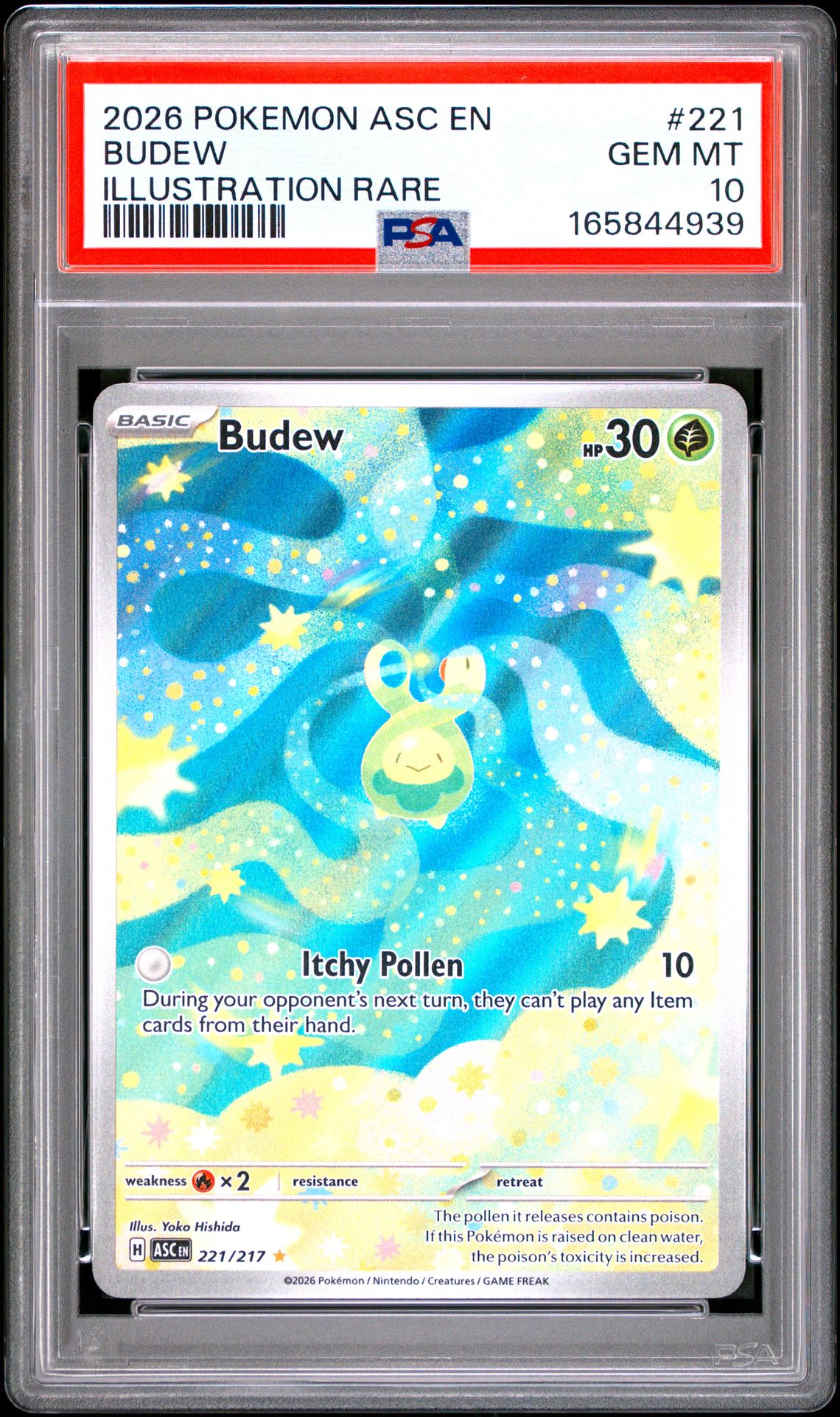 2026 Pokemon Asc En-Ascended Heroes Budew #221 (Illustration Rare) Gem Mt 10 front view - PSA graded GEM MT 10