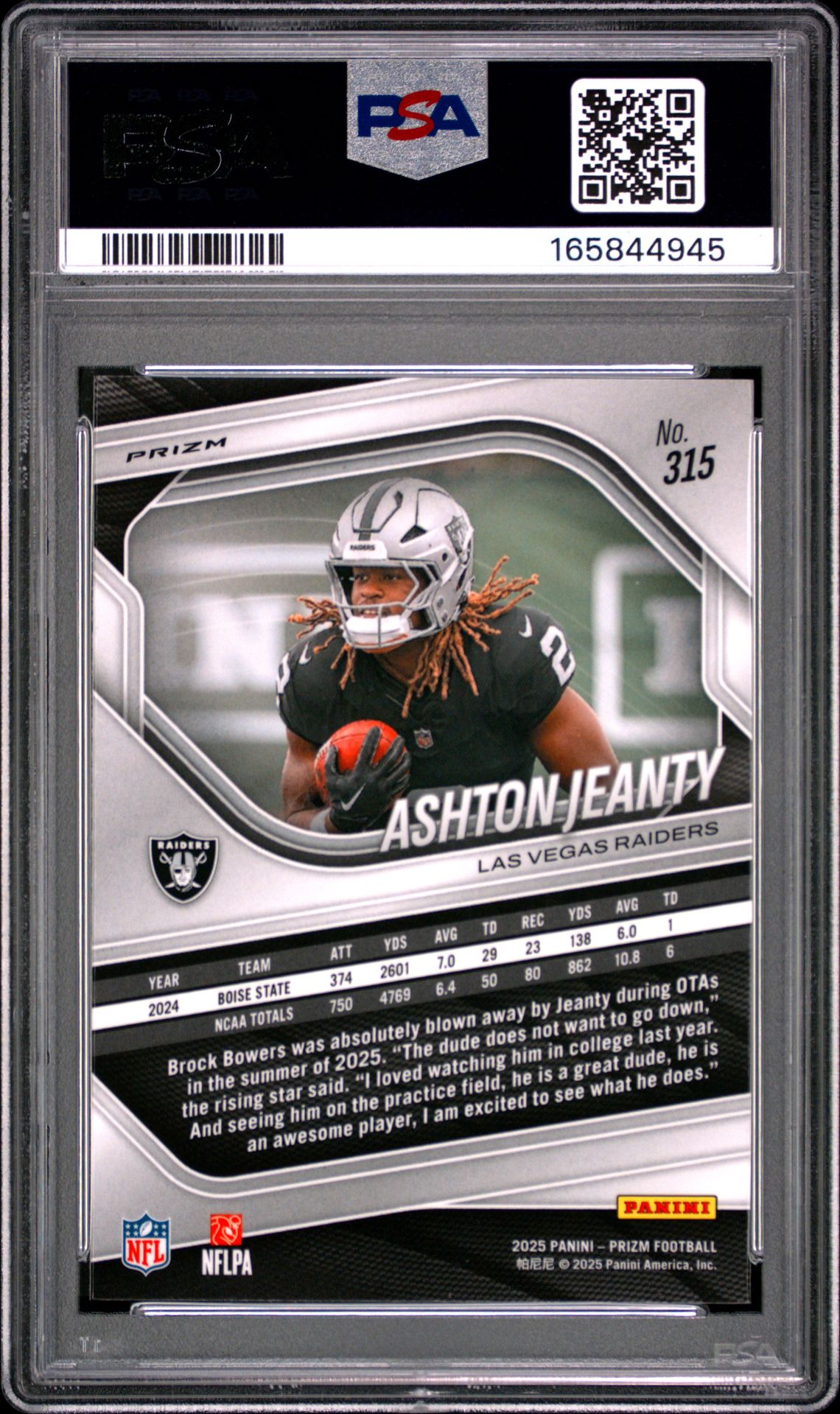 2025 Panini Prizm Ashton Jeanty #315 (White Disco) Mint 9 back