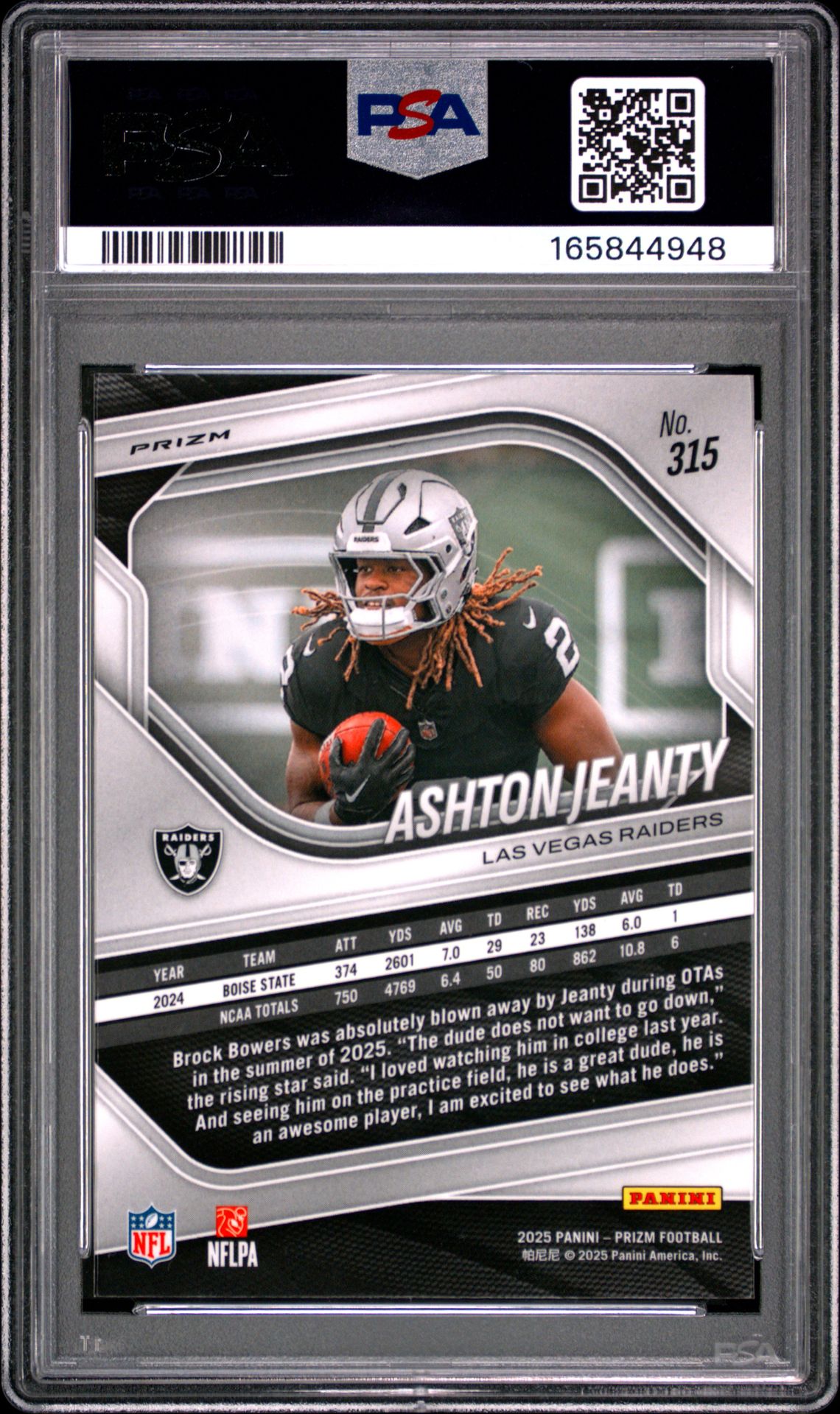 2025 Panini Prizm Ashton Jeanty #315 (White Disco) Mint 9 back