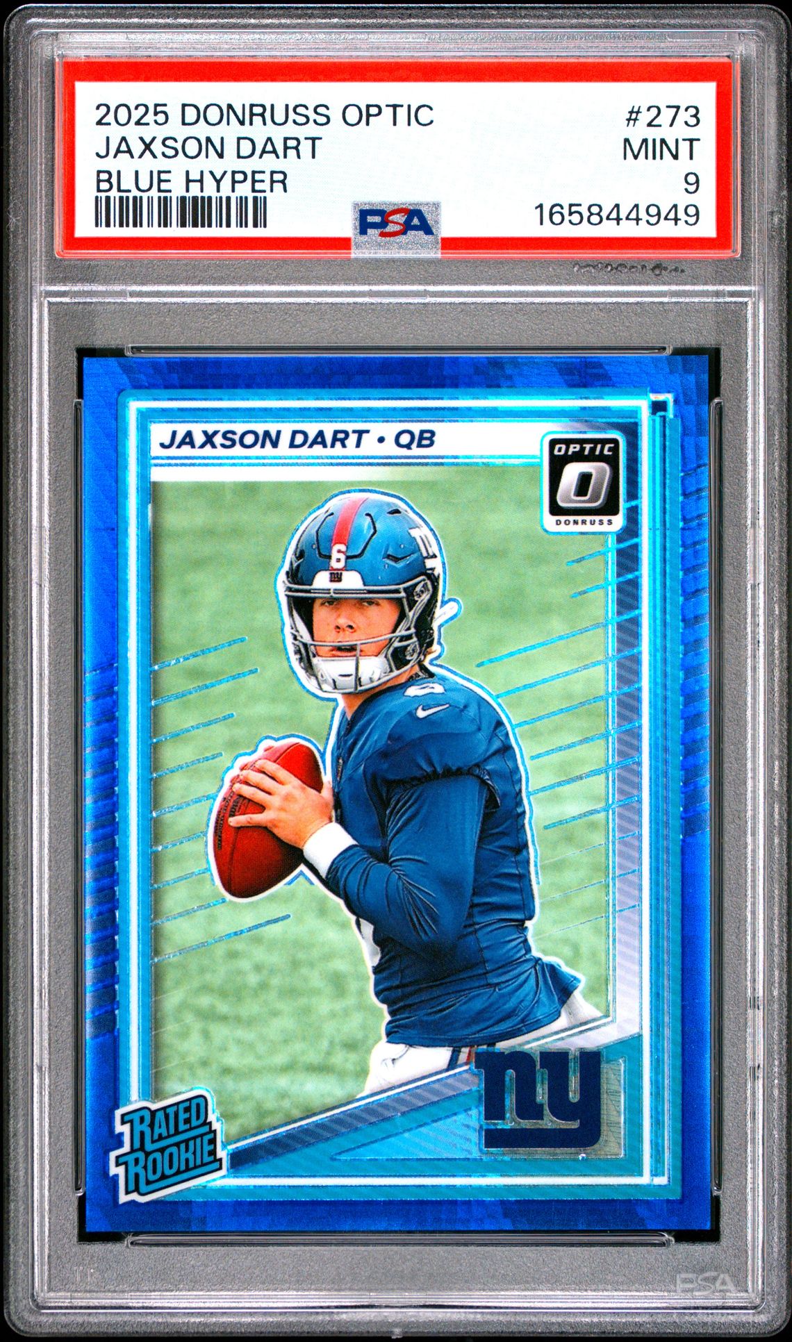 2025 Panini Donruss Optic Jaxson Dart #273 (Blue Hyper) Mint 9 front