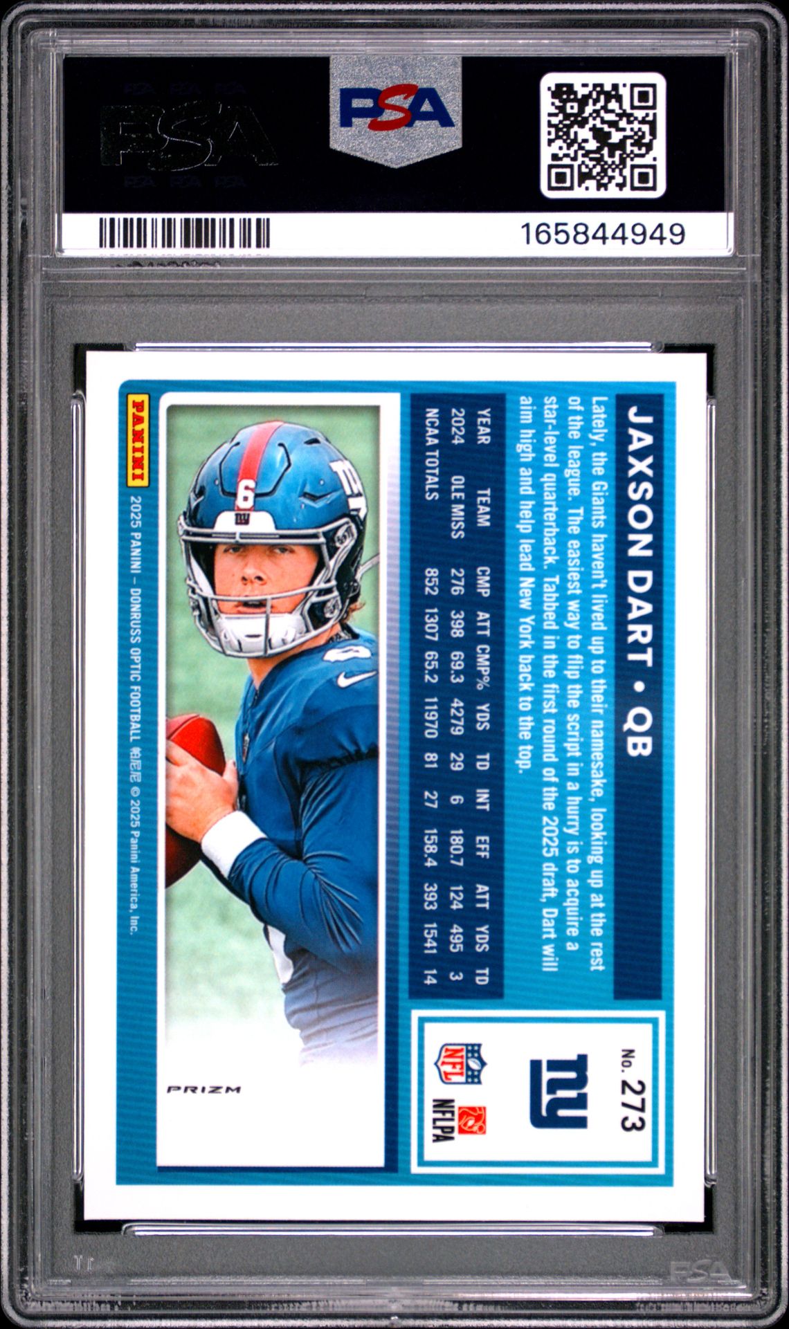 2025 Panini Donruss Optic Jaxson Dart #273 (Blue Hyper) Mint 9 back
