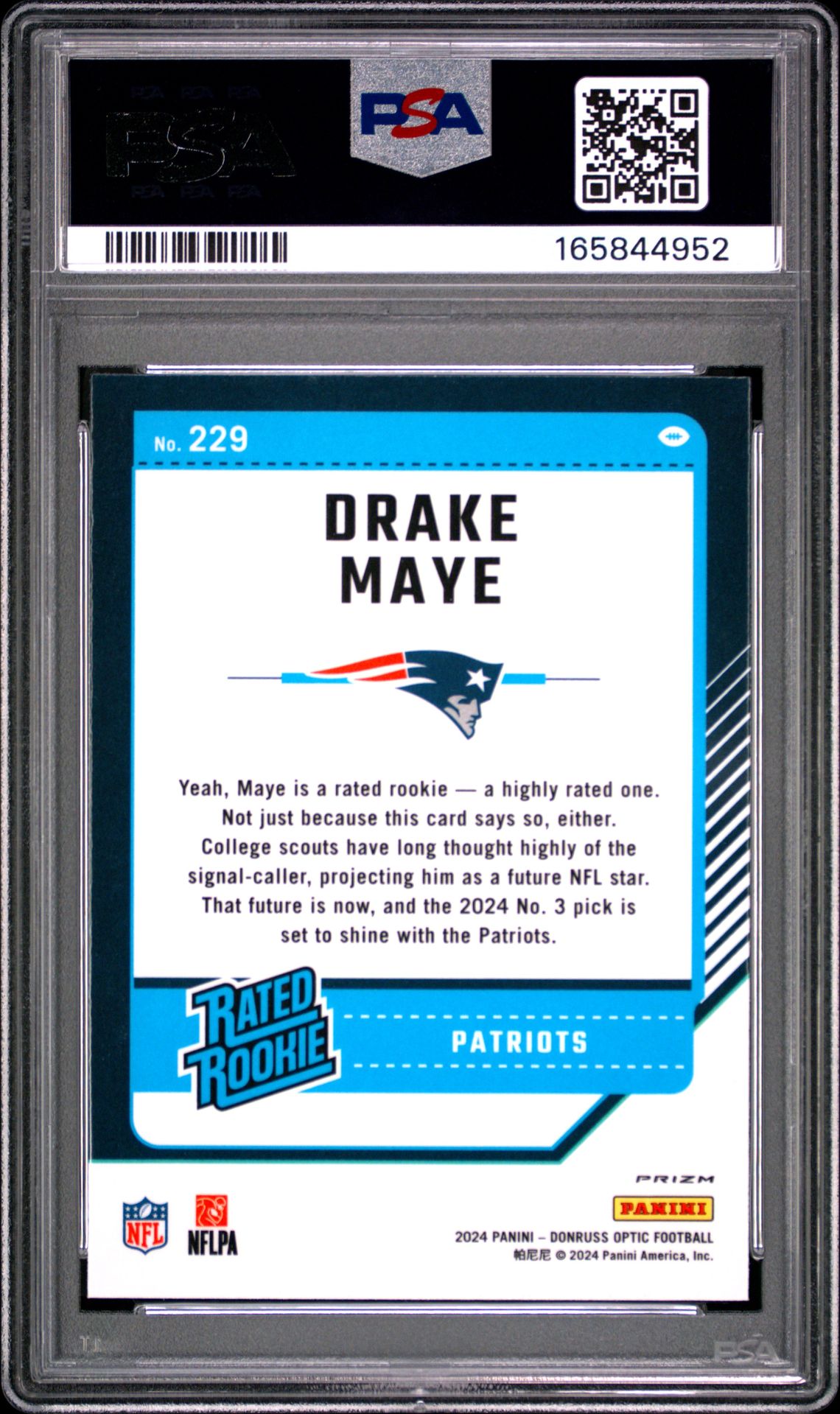 2024 Panini Donruss Optic Drake Maye #229 (Purple Shock) Gem Mt 10 back view - PSA certificate #165844952