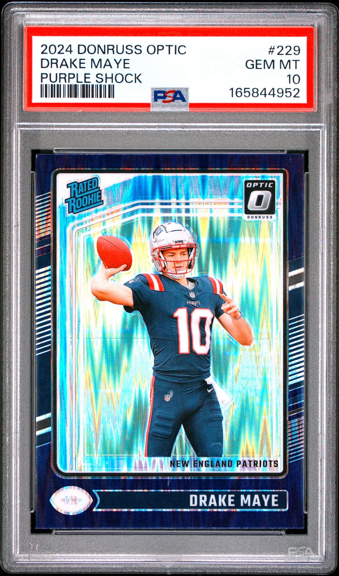 2024 Panini Donruss Optic Drake Maye #229 (Purple Shock) Gem Mt 10 front view - PSA graded GEM MT 10