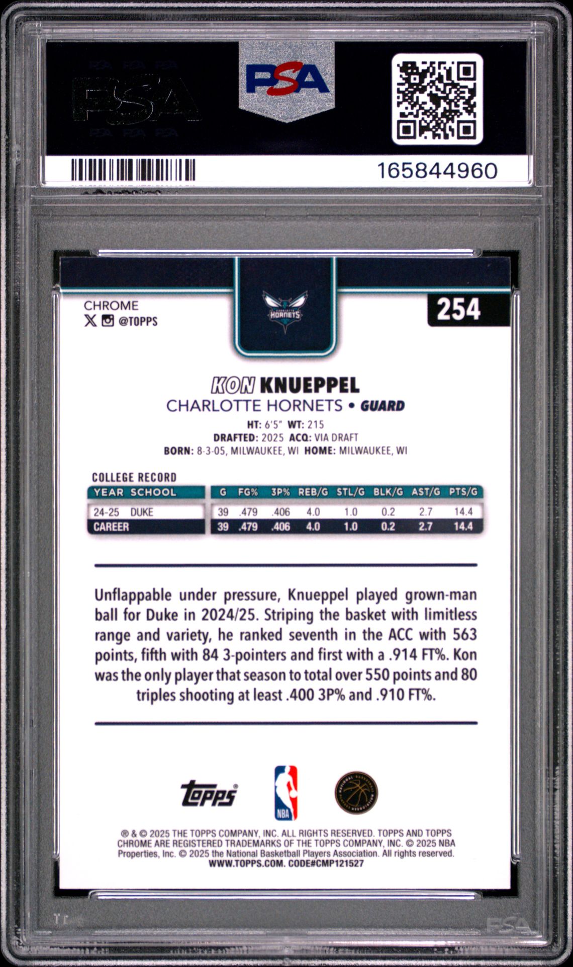 2025 Topps Chrome Kon Knueppel #254 (Red White And Blue Ref) Mint 9 back
