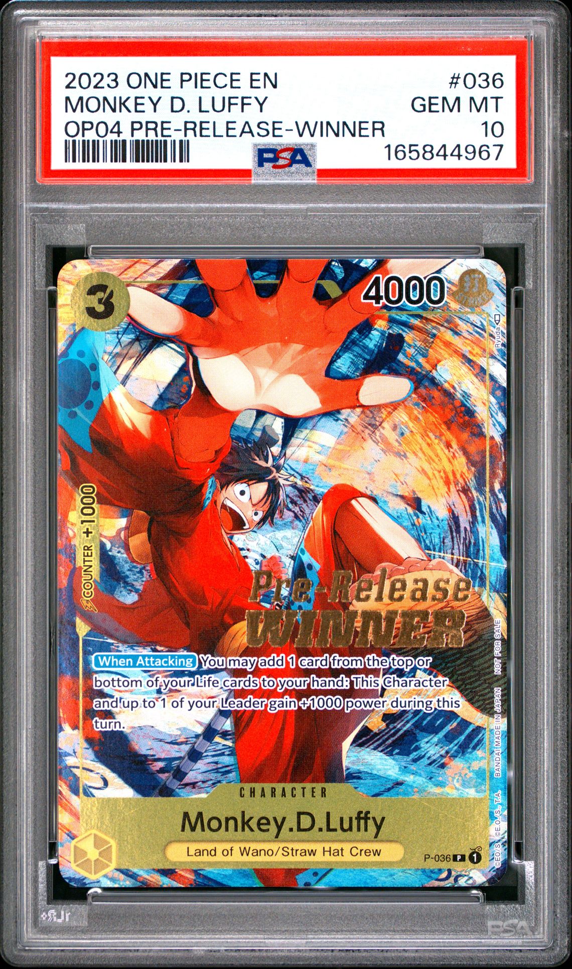 2023 One Piece Promos Monkey D. Luffy #036 (Op04 Pre-Release-Winner) Gem Mt 10 front
