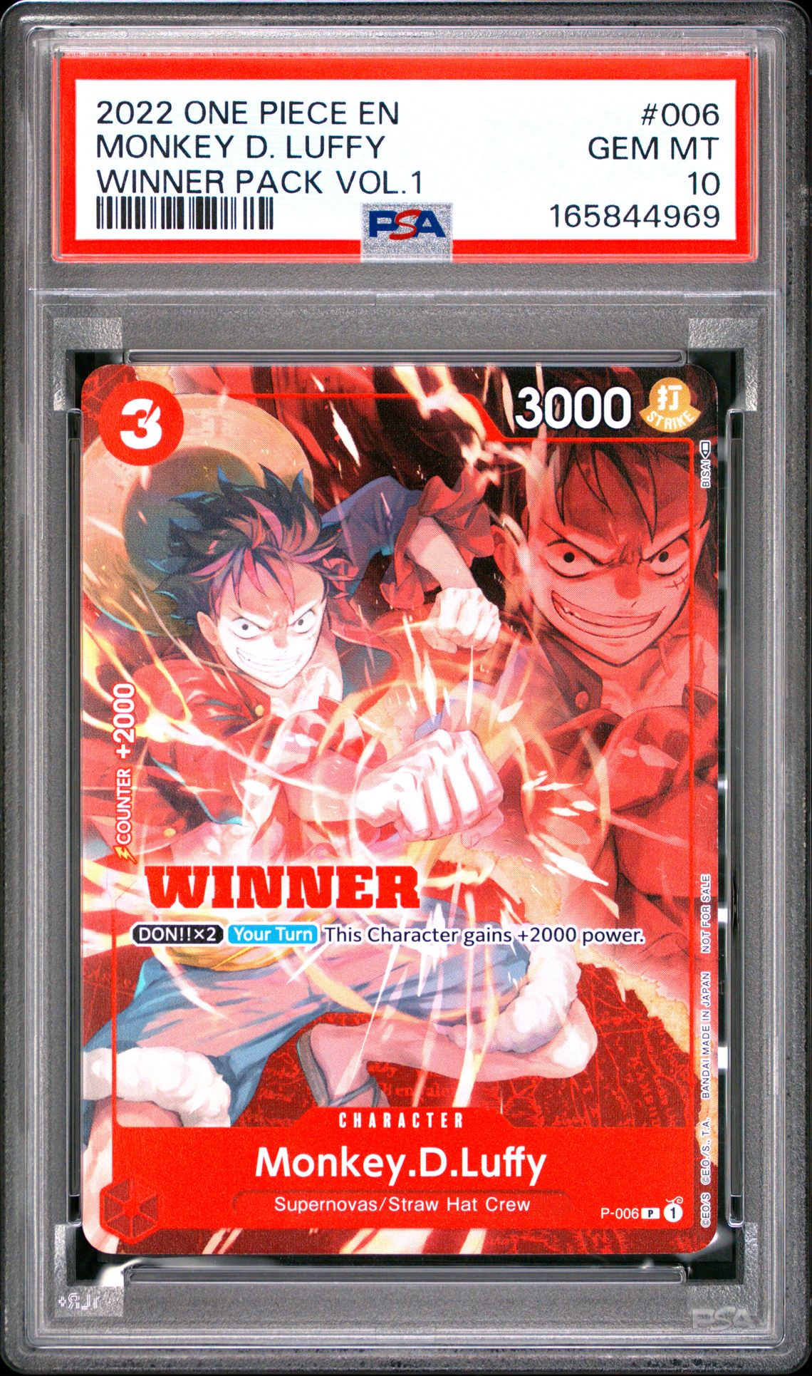 2022 One Piece Promos Monkey D. Luffy #006 (Winner Pack Vol.1) Gem Mt 10 front view - PSA graded GEM MT 10