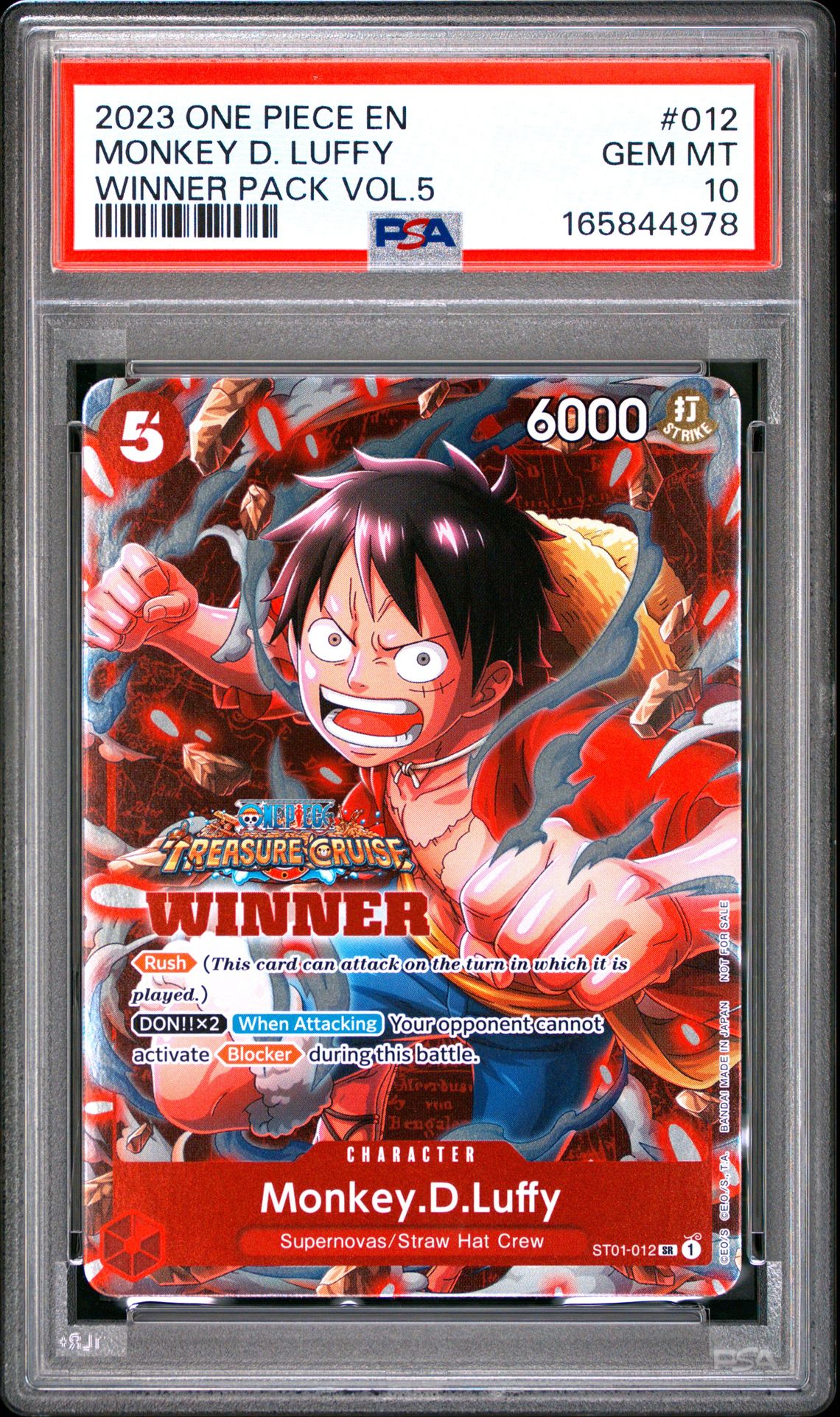 2023 One Piece Promos Monkey D. Luffy #012 (Winner Pack Vol.5) Gem Mt 10 front view - PSA graded GEM MT 10