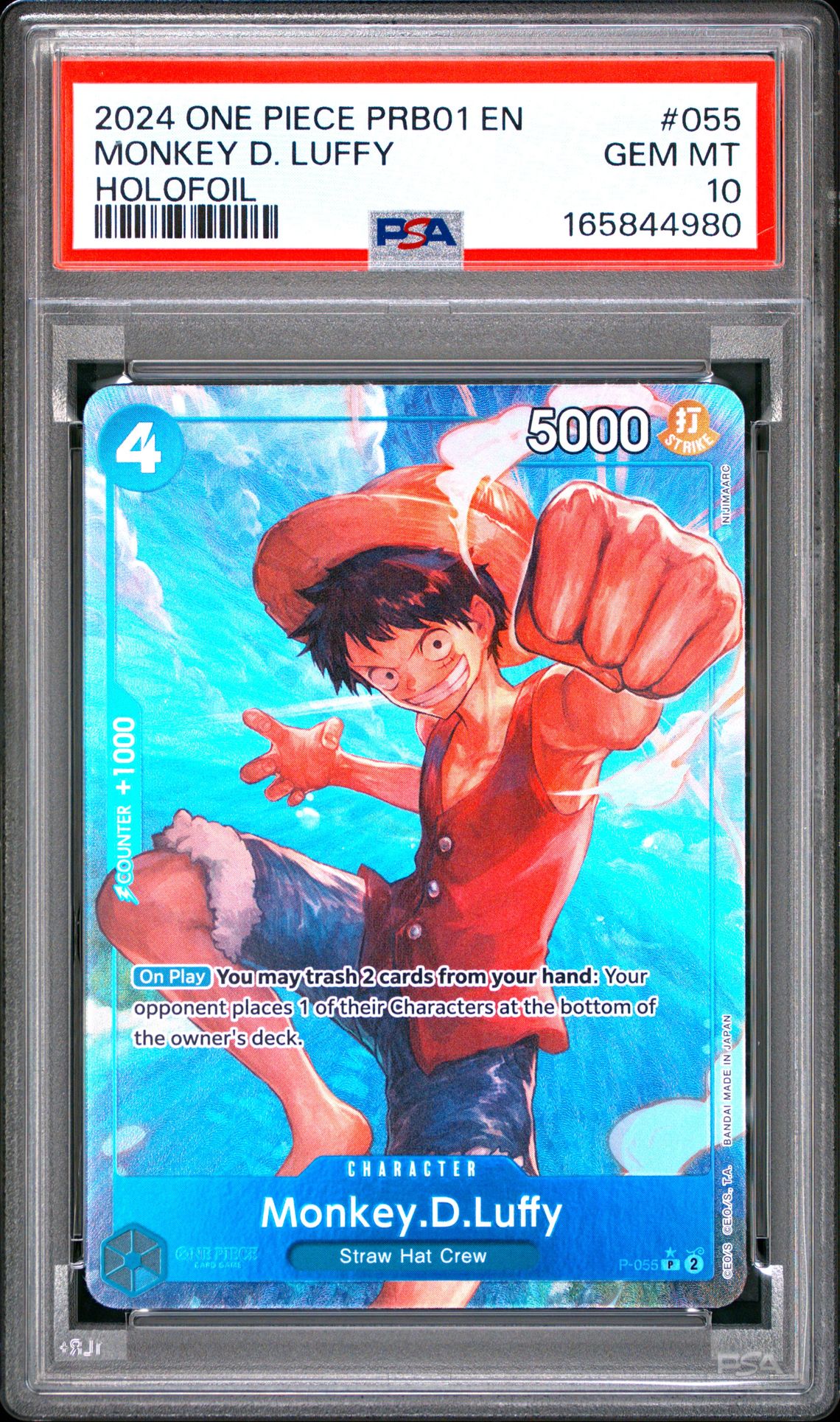 2024 One Piece Prb01-Premium Booster -One Piece Card The Best- Monkey D. Luffy #055 (Holofoil) Gem Mt 10 front view - PSA graded GEM MT 10