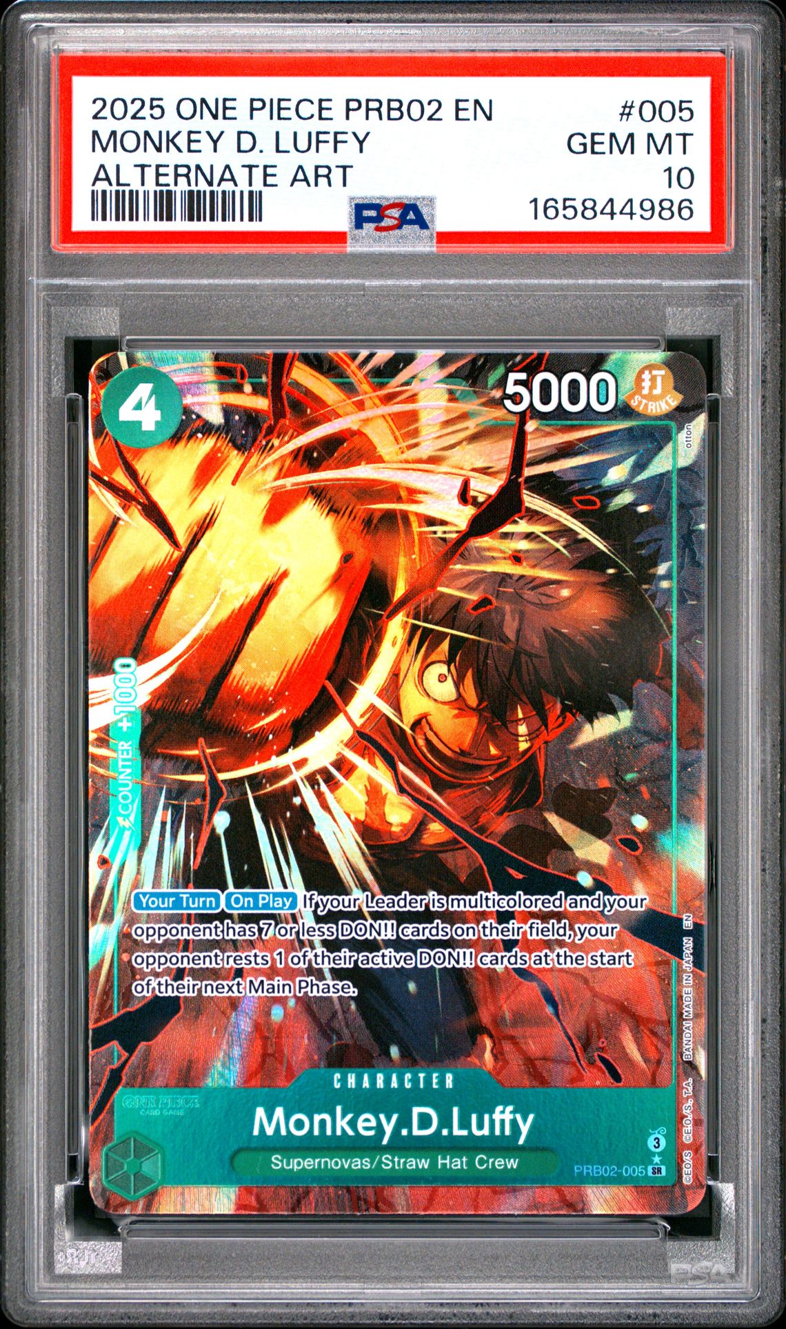 2025 ONE PIECE PRB02-PREMIUM BOOSTER -ONE PIECE CARD THE BEST- VOL.2 MONKEY D. LUFFY ALTERNATE ART 005 GEM MT 10 front