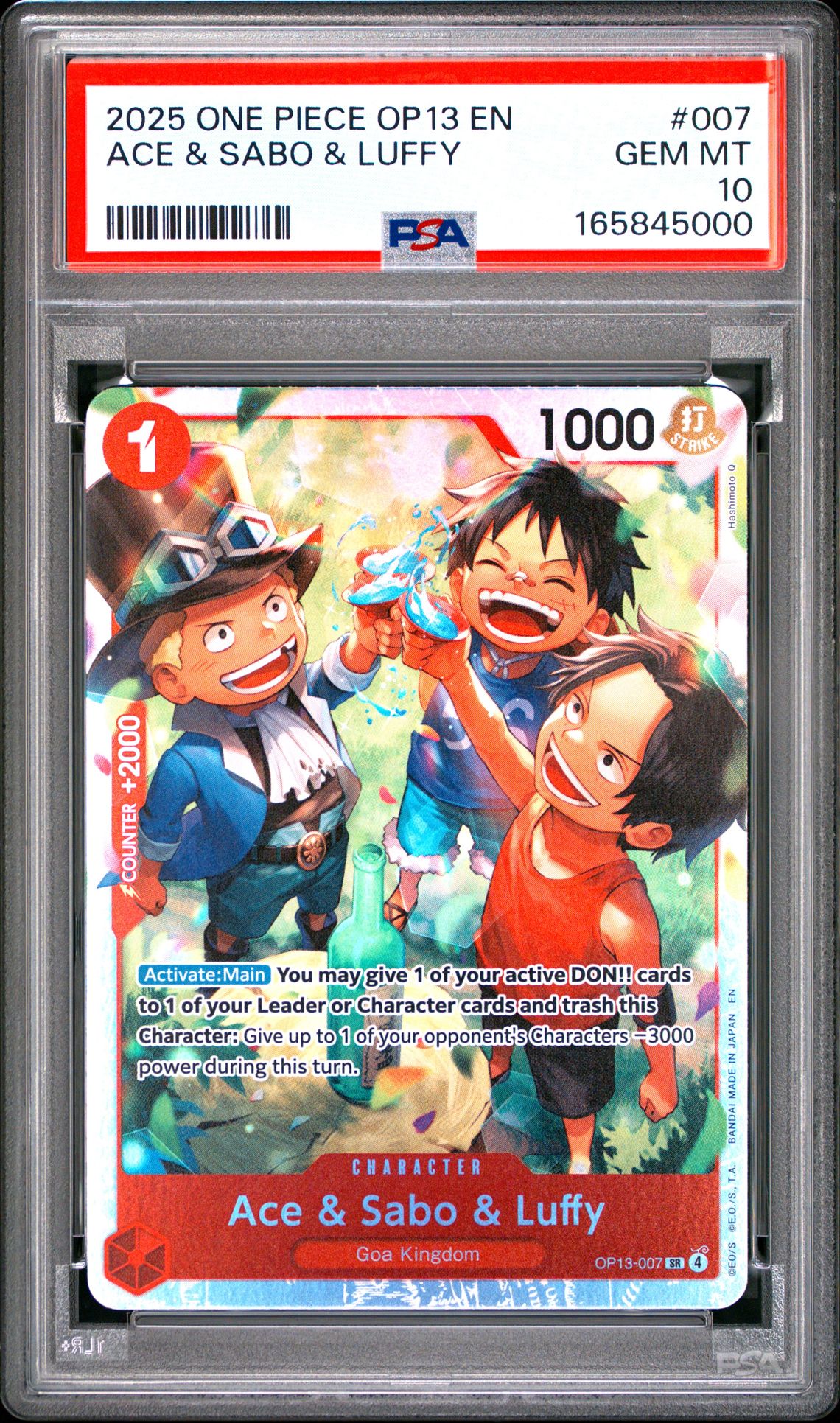 2025 One Piece Op13-Carrying On His Will Ace & Sabo & Luffy #007 Gem Mt 10 front view - PSA graded GEM MT 10