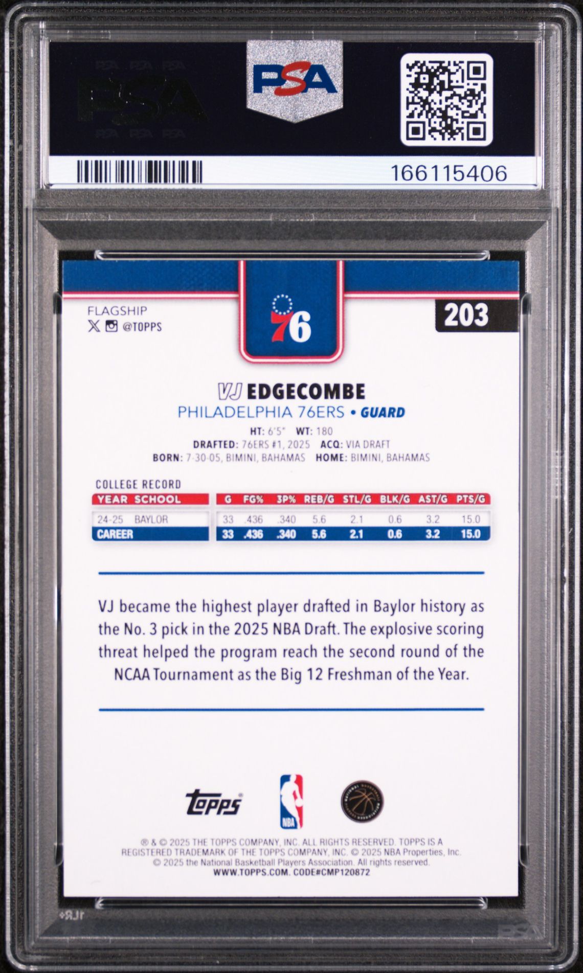 2025 Topps Vj Edgecombe #203 Gem Mt 10 back