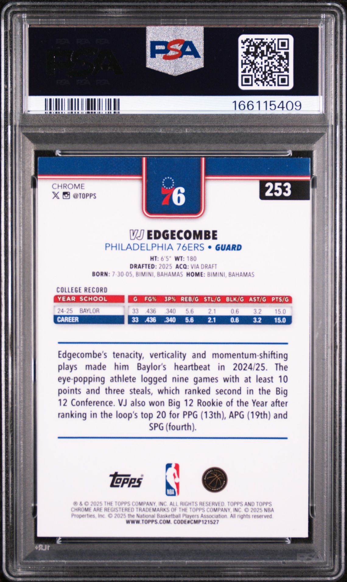 2025 Topps Chrome Vj Edgecombe #253 (Red White And Blue Ref) Mint 9 back