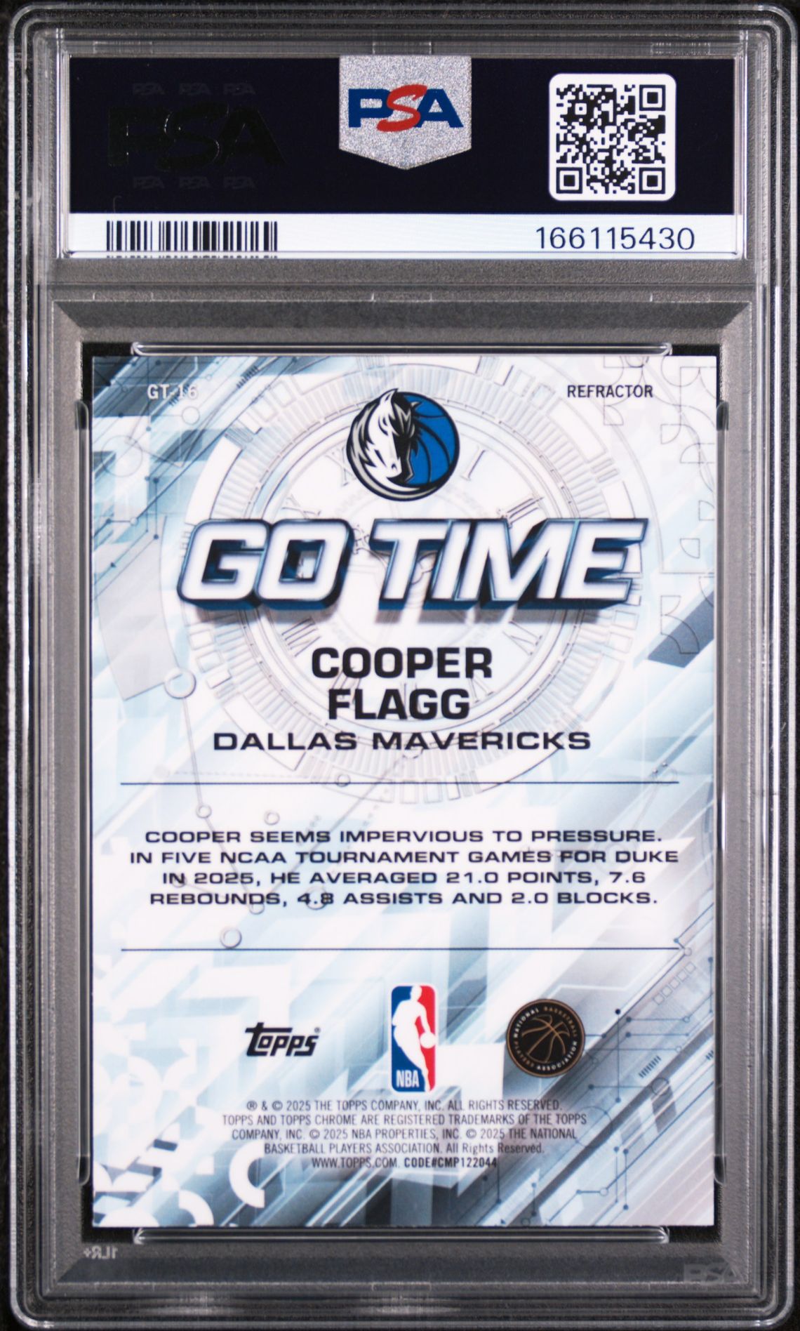 2025 Topps Chrome Go Time Cooper Flagg #Gt-16 (Go Time-Refractor) Gem Mt 10 back view - PSA certificate #166115430